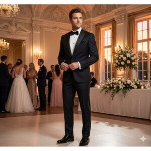 Men’s Wearhouse Modern Fit 100% Wool Black Tuxedo Pants 38x38 Satin Sidestripe